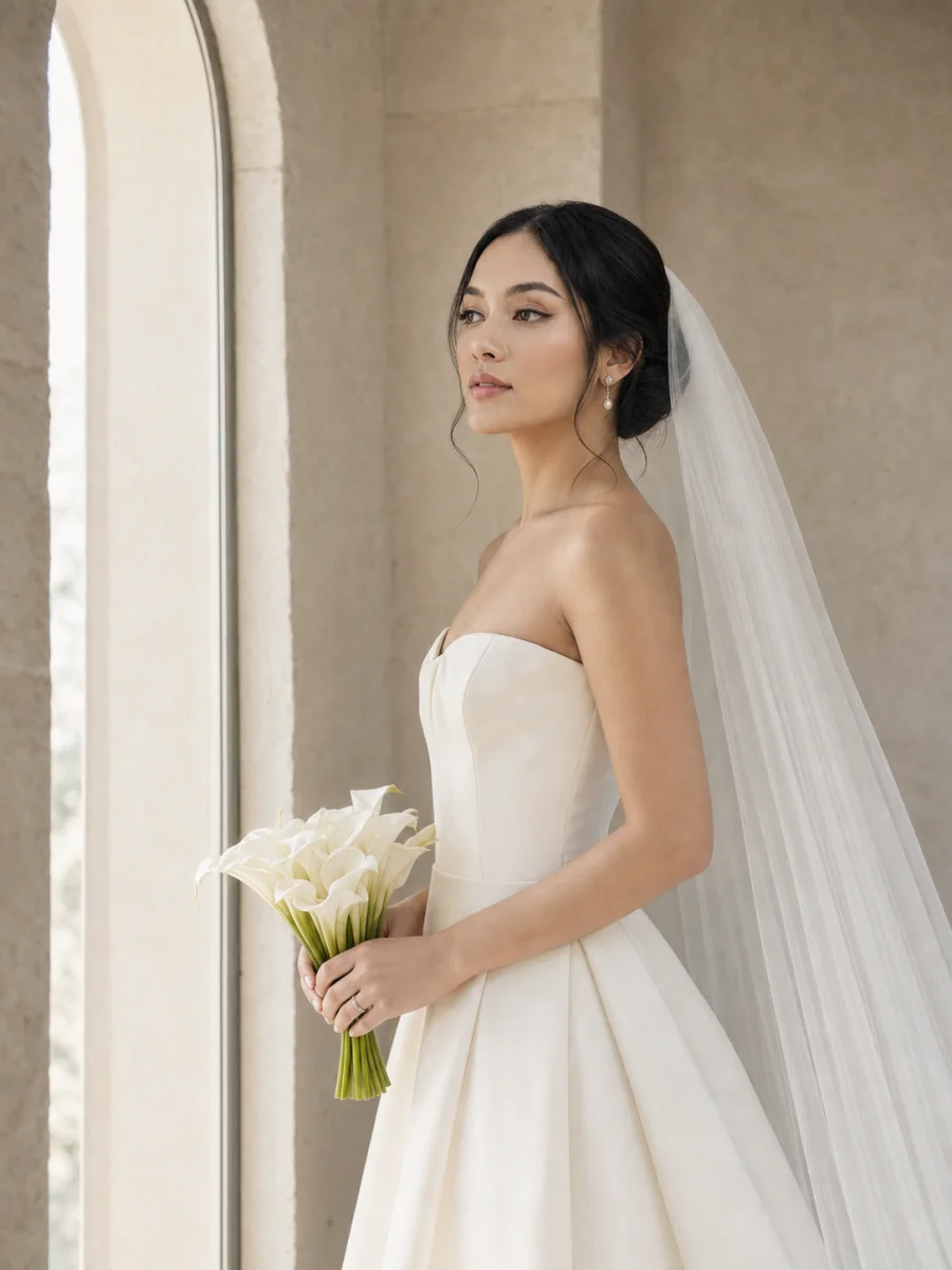 Potret Helena dalam gaun pengantin ivory