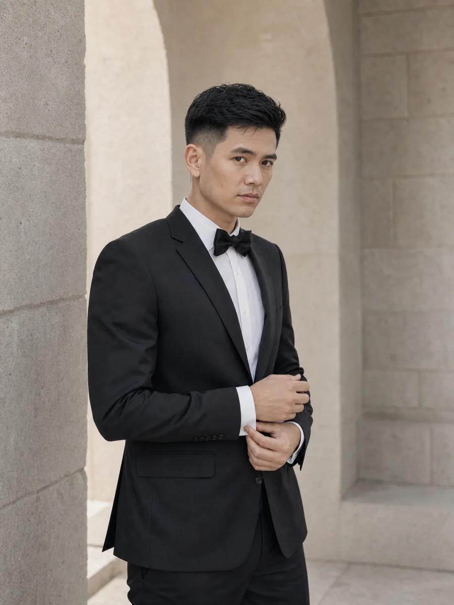 Potret Adrian dalam setelan hitam